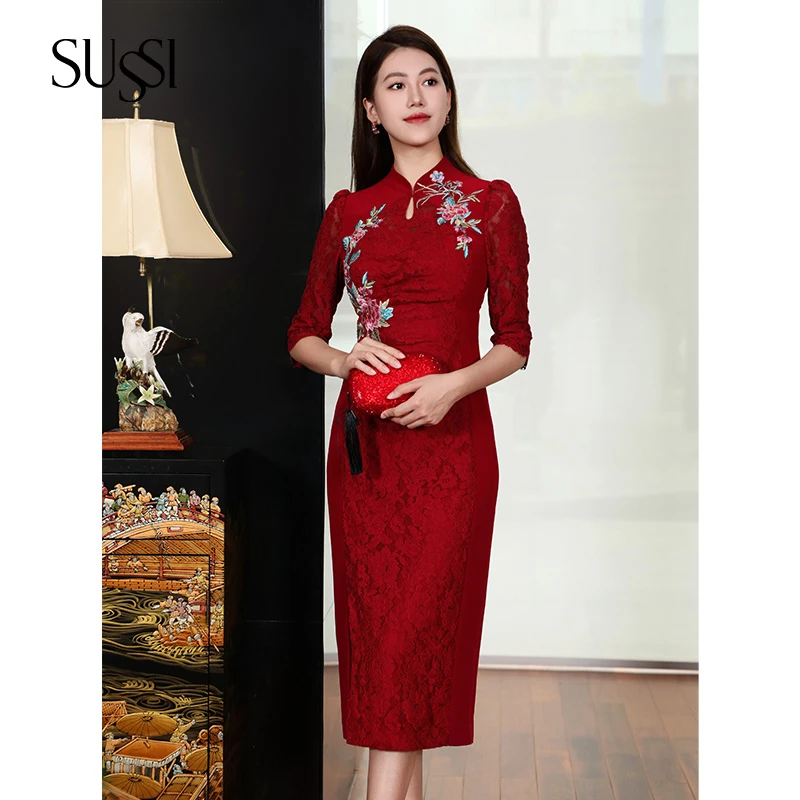 SUSSI/古色夏商场同款酒红色喜婆婆婚宴装刺绣中袖连衣裙