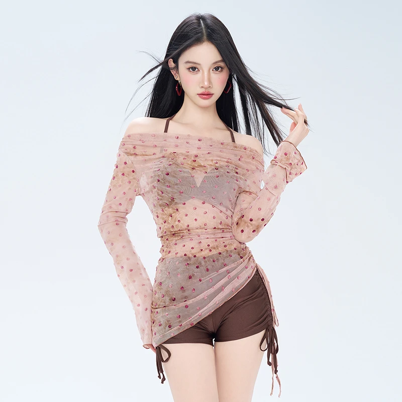 夏季时尚波点美拉德泳衣女一字肩气质纯欲钢圈聚拢平角保守游泳衣