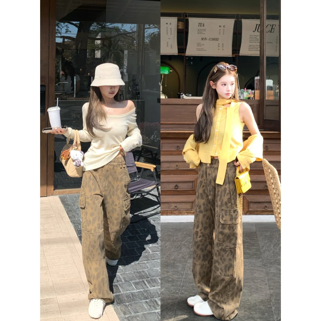 DEEMO超爱！时髦人士人手bi备绝绝子水洗豹纹工装休闲裤 WZ3002-1