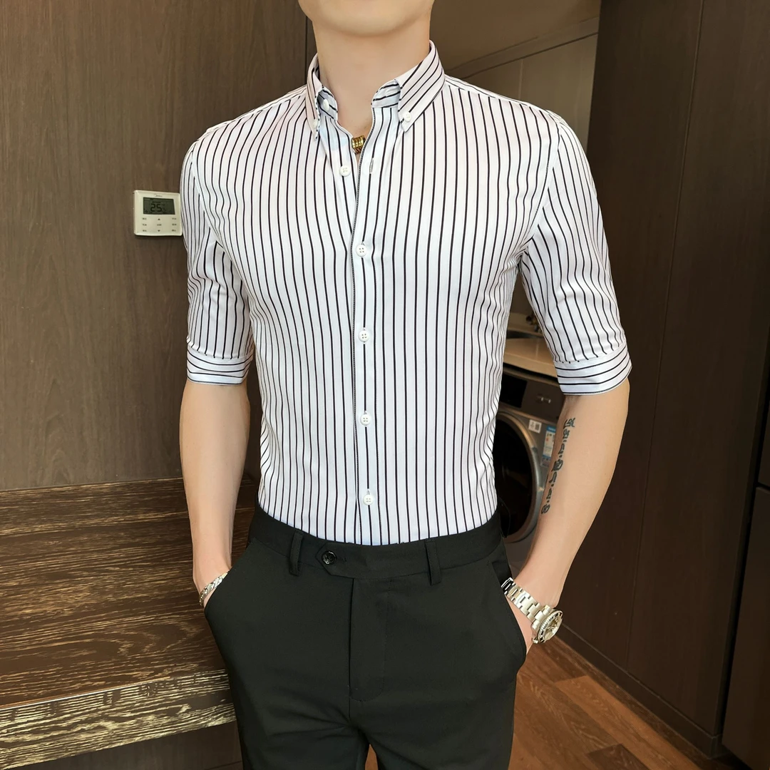 条纹衬衫男士七分袖夏季薄款高级感韩版修身五分中袖痞帅短袖衬衣
