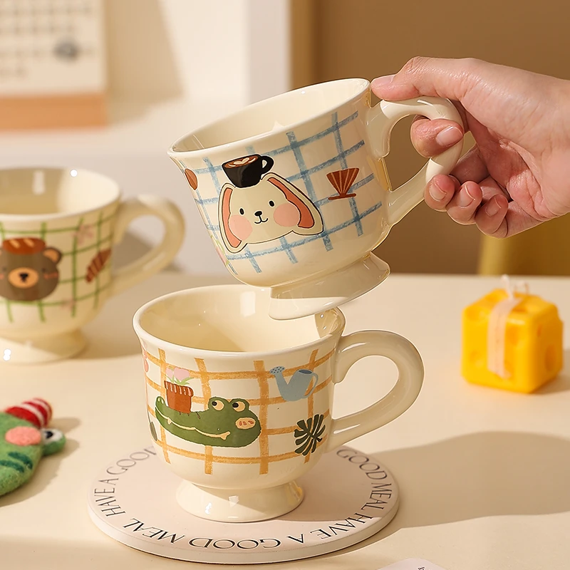 可爱陶瓷杯高脚马克杯办公室水杯咖啡杯日式早餐杯情侣杯漂亮杯子