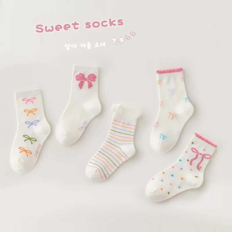 【春季上新】儿童袜子春夏新款透气女童粉色蝴蝶结公主边中筒袜