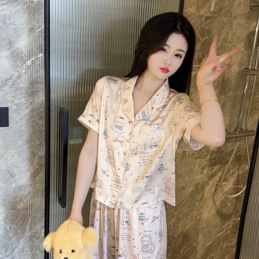 夏季气质可爱休闲显瘦女大学生睡衣女短袖长裤居家套装可外穿减龄