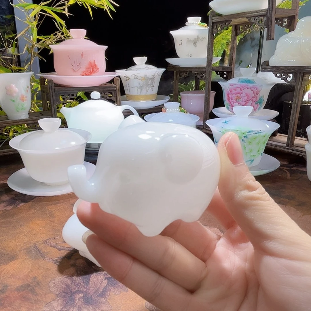 冰晶璞玉釉烧小象茶宠摆件
