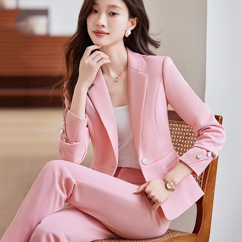 休闲时尚珠光粉色西装套装女春季新款洋气上镜播音主持职业装西服