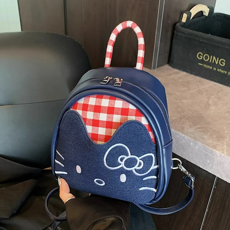 可爱猫咪格子布双肩包2025新款夏天流行刺绣小包韩系简约洋气包包
