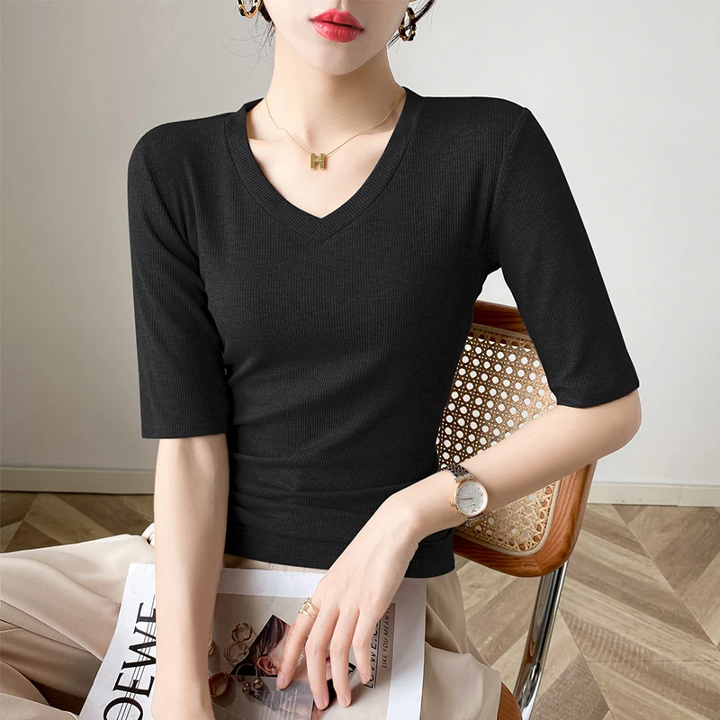 黑色v领针织打底衫女中袖修身2025春秋正肩内搭五分袖t恤简约上衣