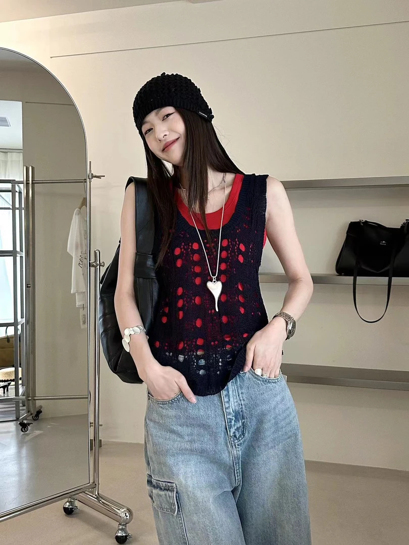 福秒-针织背心两件套！撞色设计宽松百搭上衣（XD55032#）喜大东