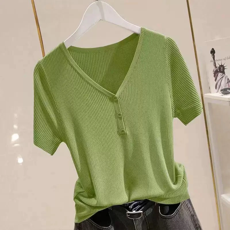 【花宁娜】夏青.短袖毛针织衫v领针织衫韩版短款设计感v领打底衫