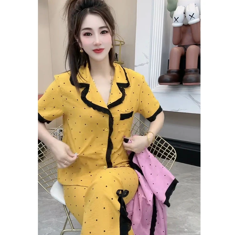 2025蕾丝拼接翻领波点睡衣两件套小众高级感遮肚子显瘦家居套装潮