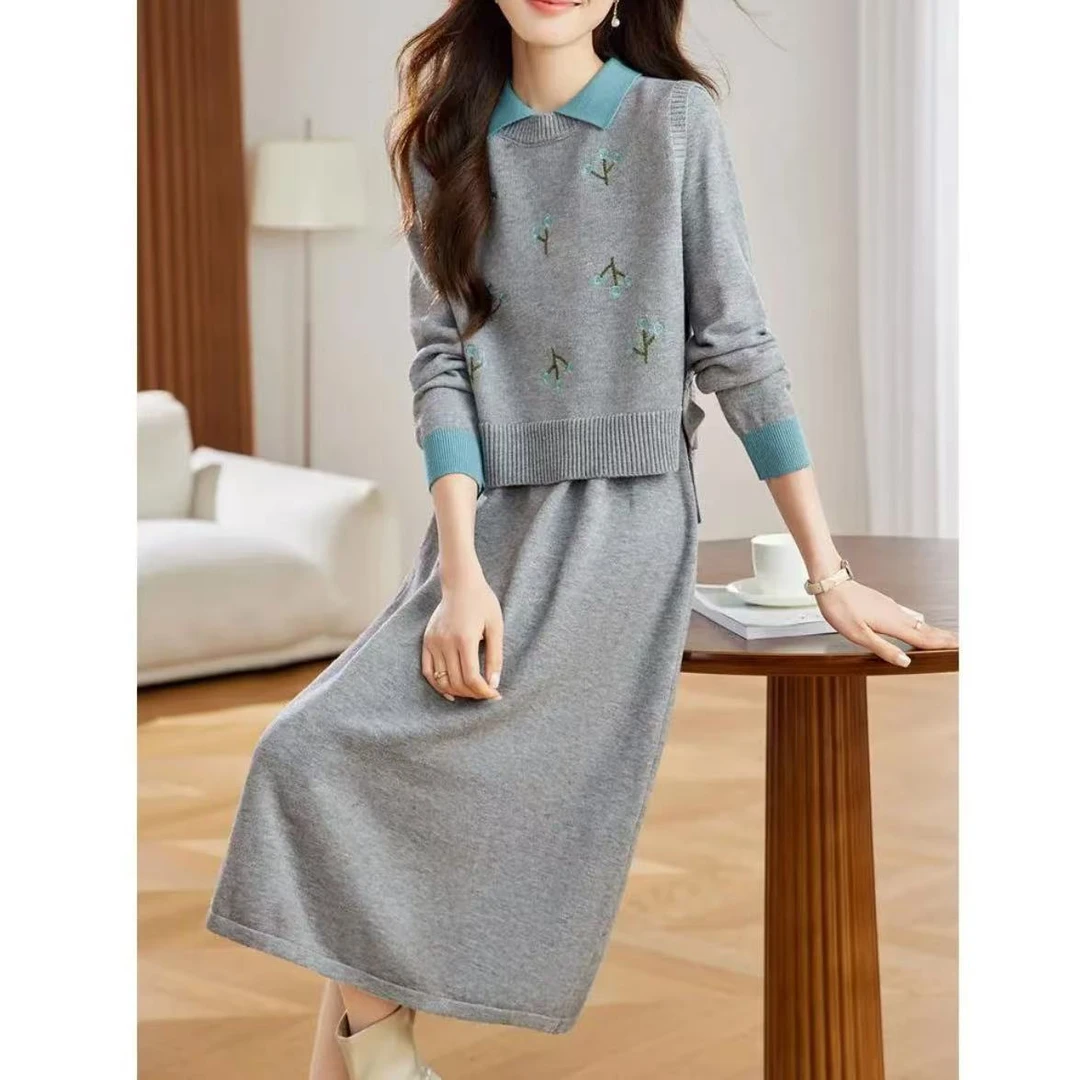 秋冬装2024新款小香风上衣半身裙套装冬季刺绣羊毛连衣裙3326