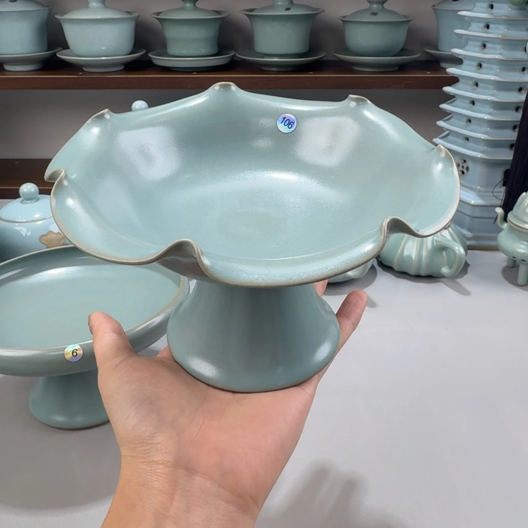 摆件瓷二级汝窑仿古釉高足盘编号106