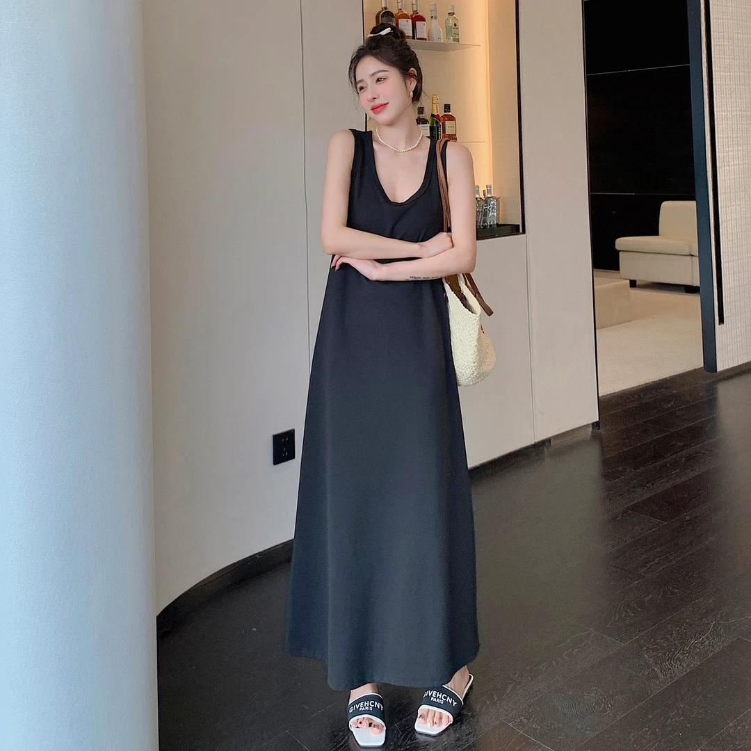 黑色高级感无袖A字背心裙女夏季2025高腰显瘦连衣裙内搭打底长裙