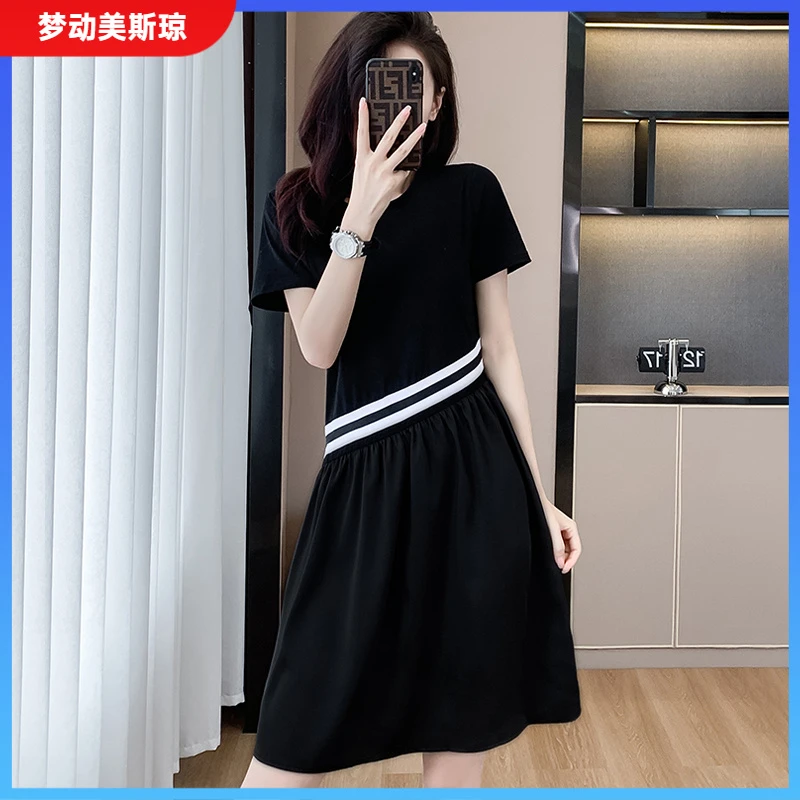 I2025夏季女士高端大码收腰a字高级感黑色拼接休闲t恤连衣裙子1