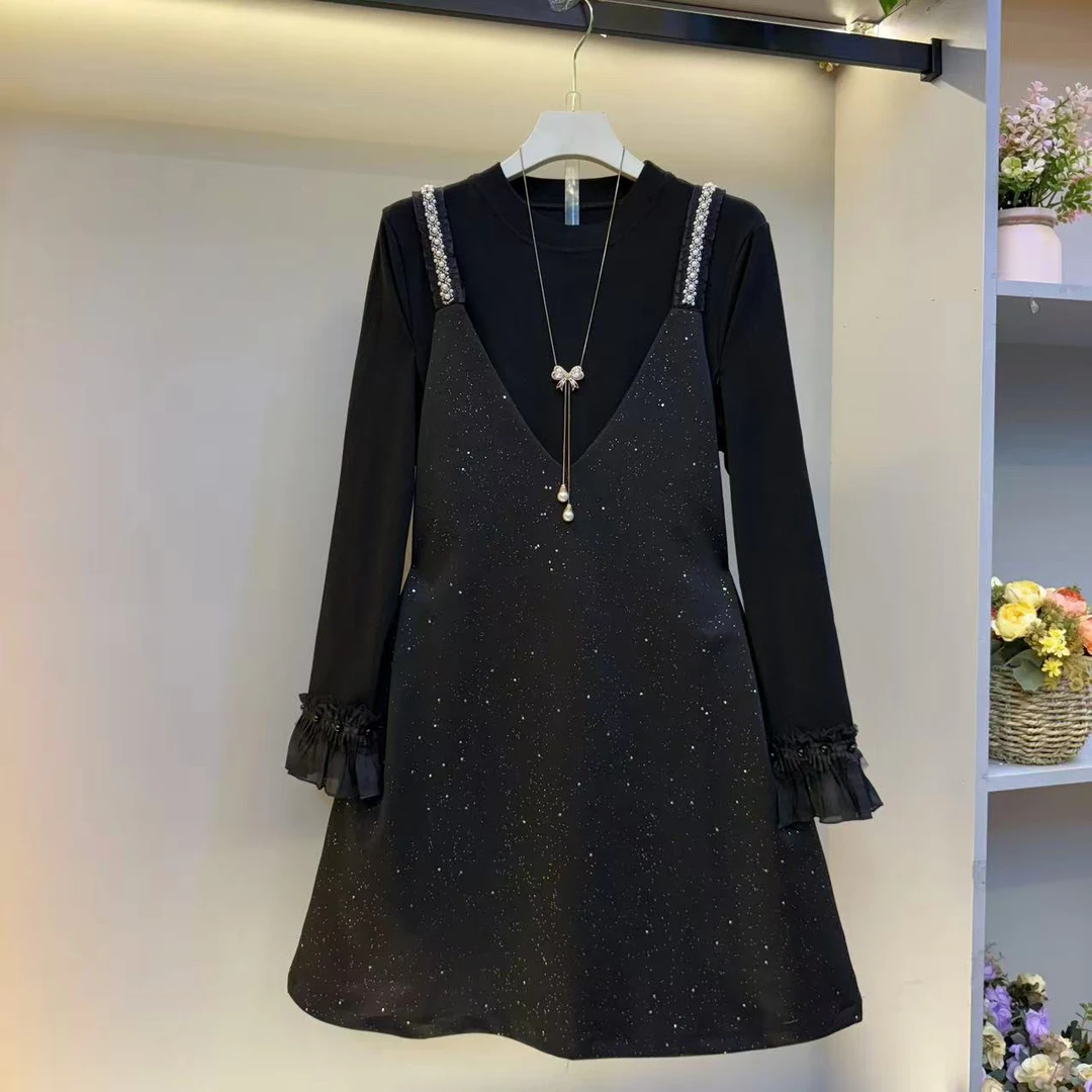 秋冬季新款小香风气质显瘦V领吊带背心裙时尚遮肉无袖连衣裙子