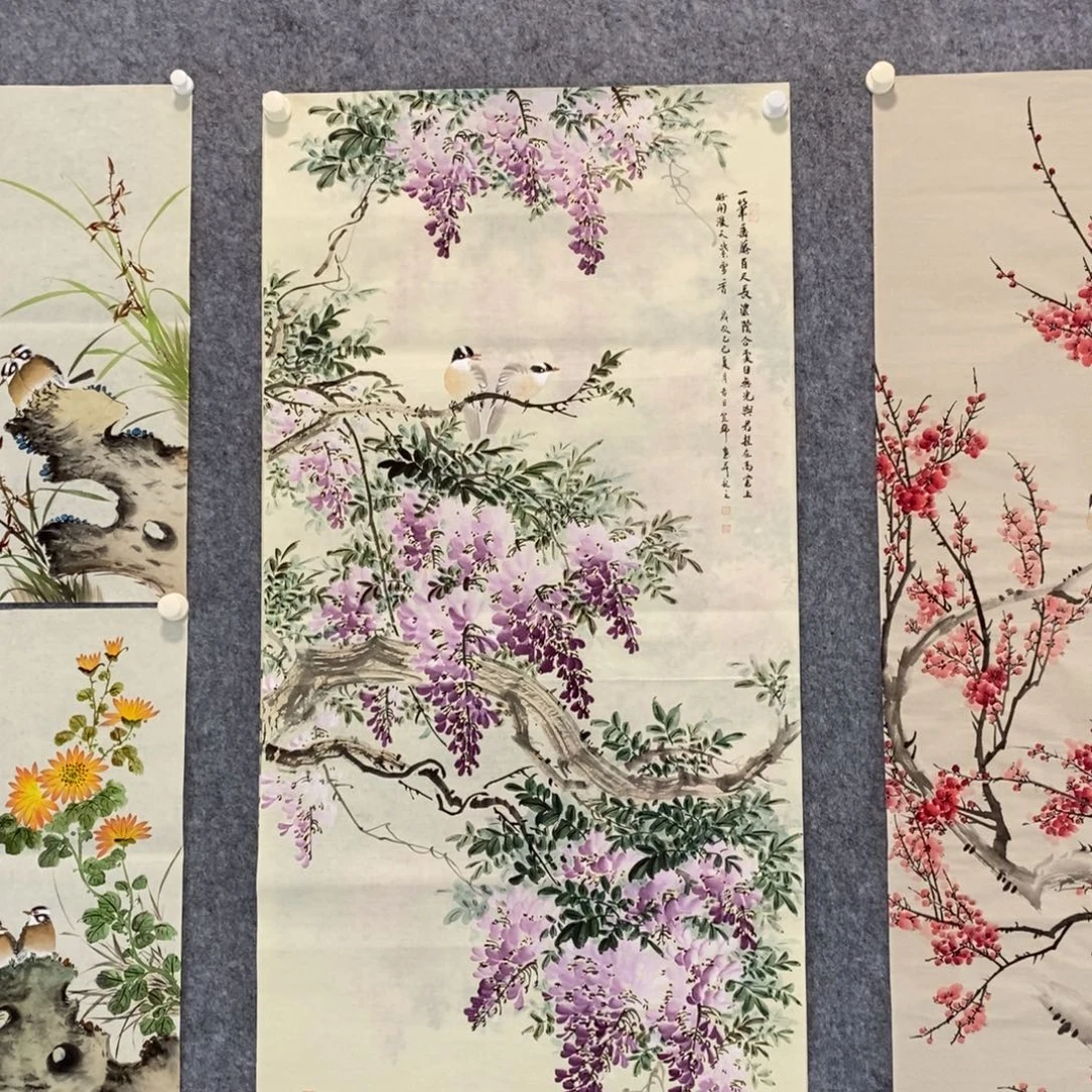 聚***！国画紫藤作品竖幅