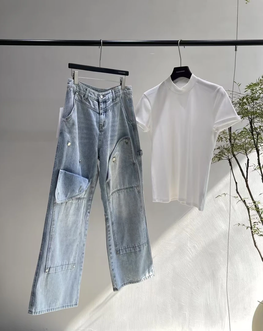 C03301 小众设计感牛仔裤男美式复古水洗重工拼接宽松拖地裤