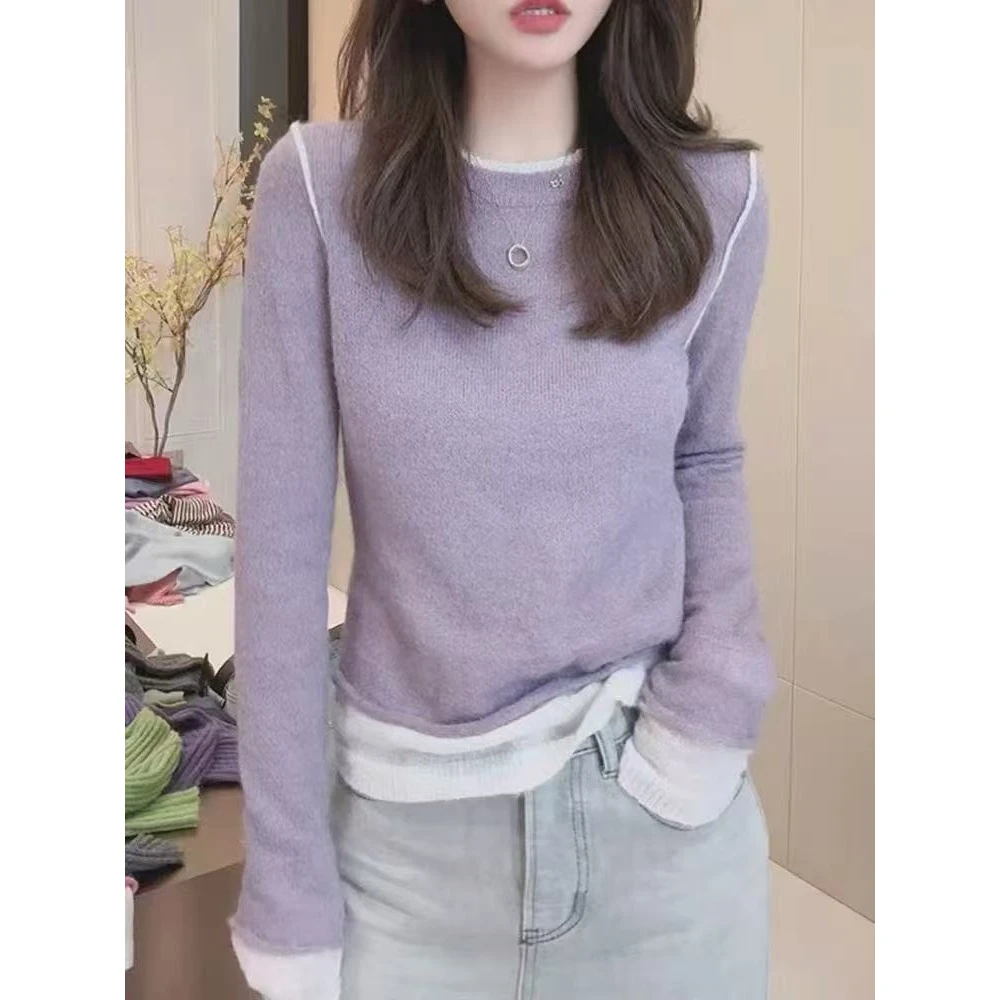 上身绝美！撞色假两件毛衣针织衫秋季甜美套头打底衫气质长袖上衣