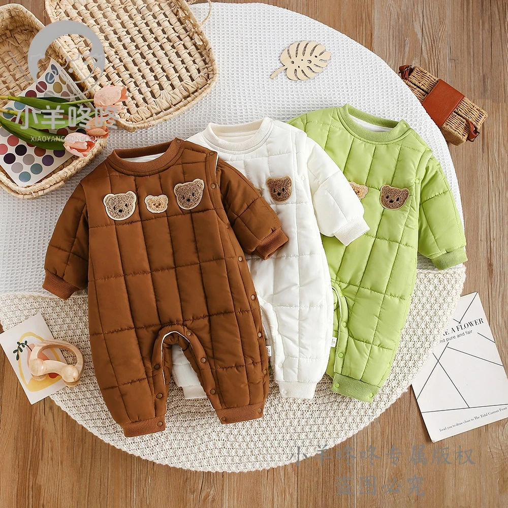 冬季新款熊爸熊妈小暖巢棉哈衣圆领三只刺绣小熊婴幼可爱爬服连体