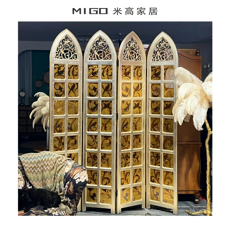 【米高家居】美式复古屏风隔断客厅玄关折叠移动装饰高档家居工艺品