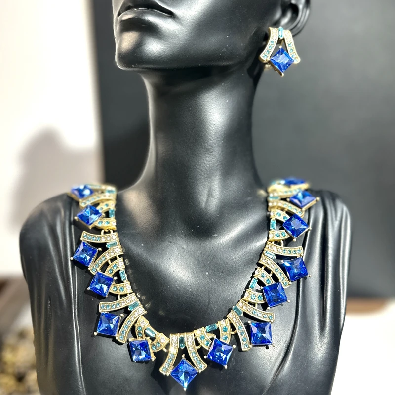 铜合金仿水晶项链 中古Vintage重工宫廷气质蓝色精致项链耳钉套装