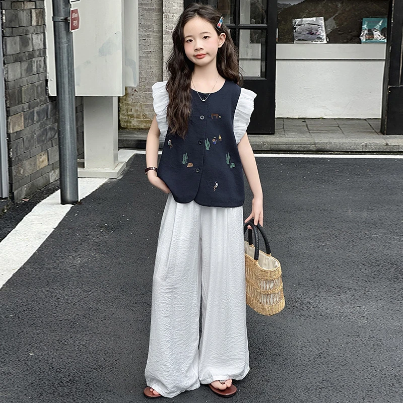 女大童夏日穿搭女童小飞袖阔腿裤套装儿童2025新款初中生女孩夏装