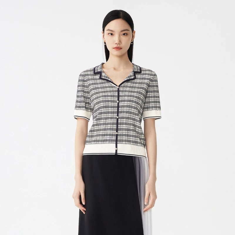 【商场同款】LANCY/朗姿小香风翻领套头短袖针织衫女格纹撞色复古