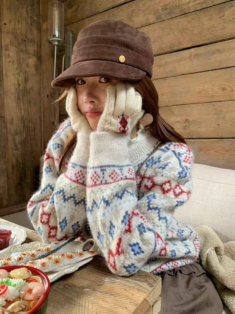 韩系复古提花软糯针织打底衫秋冬新款慵懒风宽松加厚内搭外穿毛衣