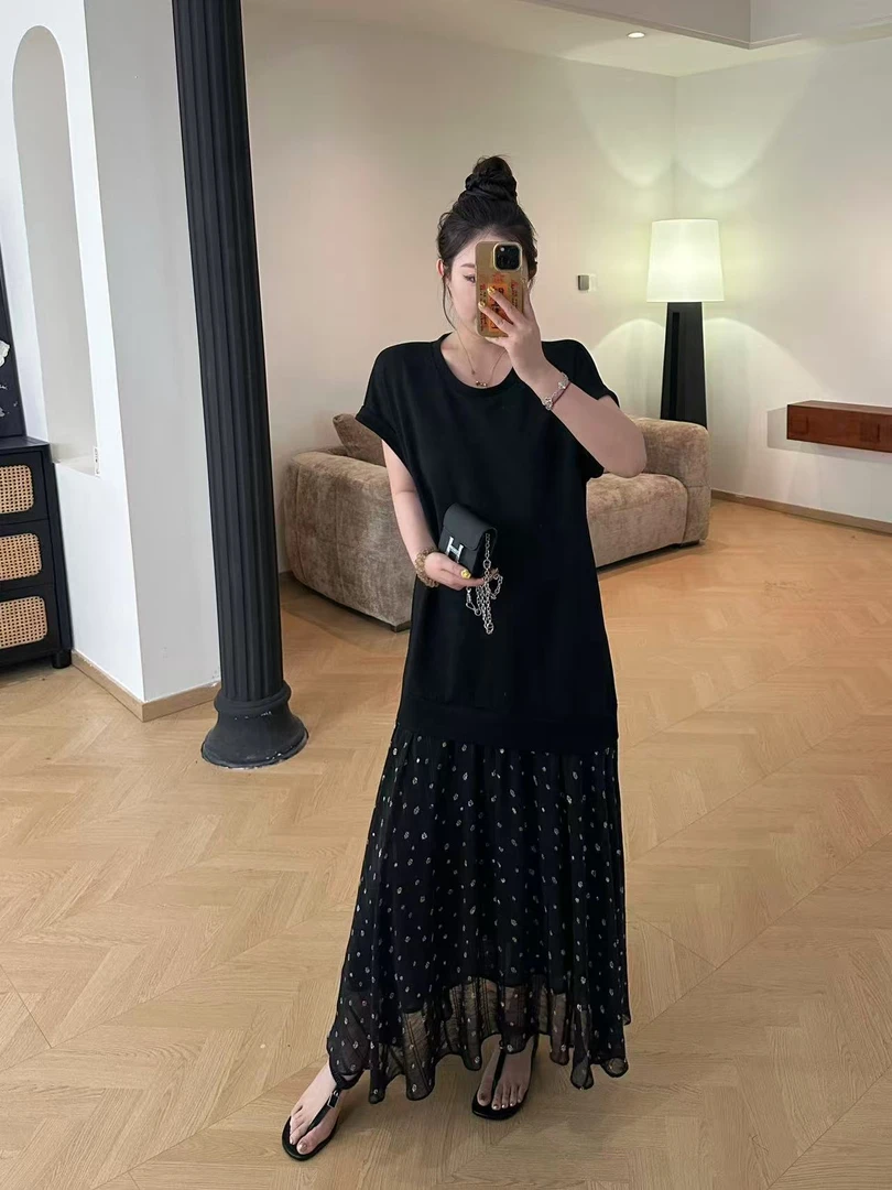 琪琪怪怪大码女装【松茶半岛】时尚拼接波点复古连衣裙D17146QD