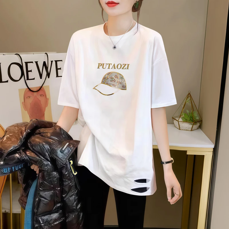 夏季短袖破洞T恤女中长款白色爆款设计感宽松欧货大版体恤打底衣
