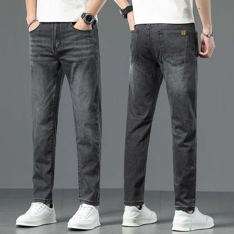 潮流时尚男士牛仔裤春夏新款弹力修身小脚九分裤百搭休闲牛仔裤子