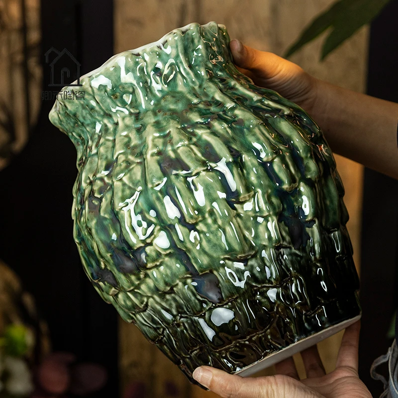 景德镇孔雀绿凤羽简约复古家用花盘清仓高级感陶瓷百搭家居花瓶