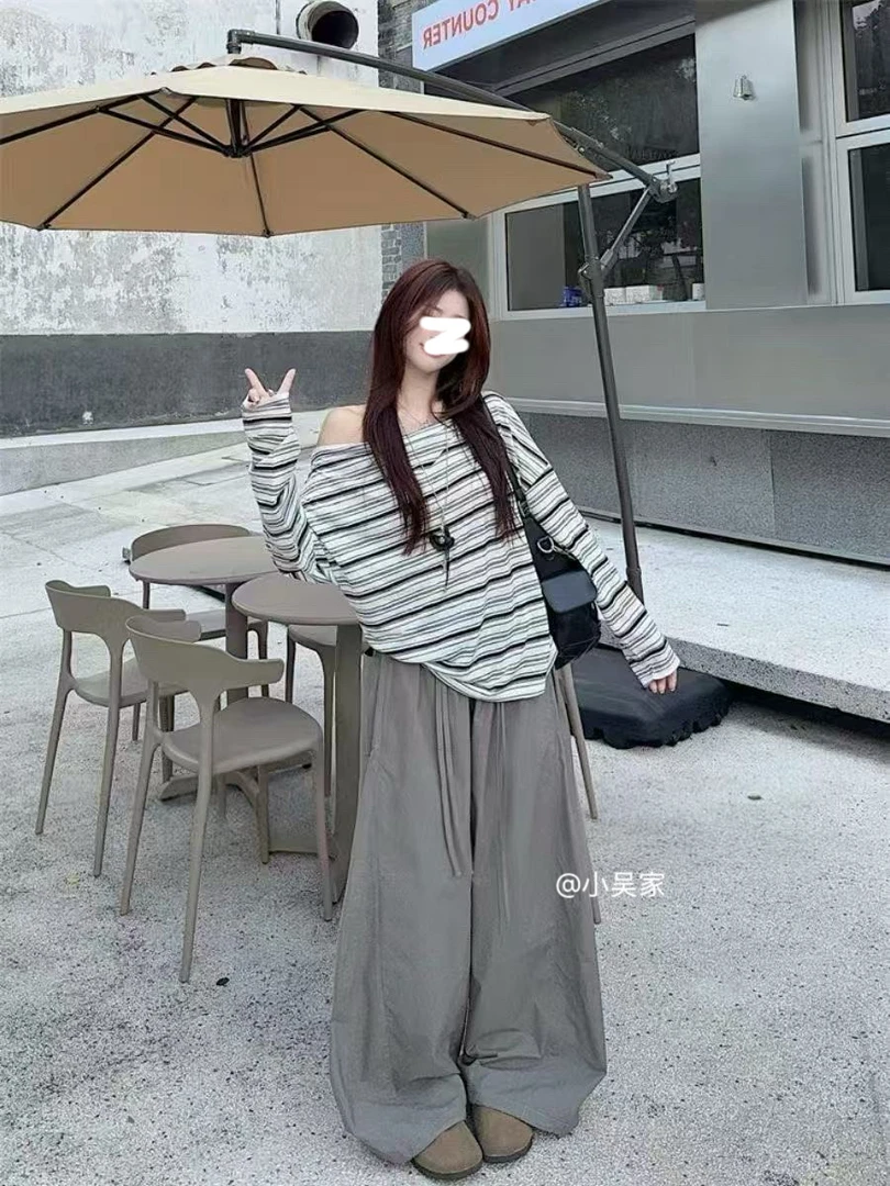 「小吴家」慵懒风斜肩条纹长袖T恤宽松上衣女秋百搭阔腿裤两件套