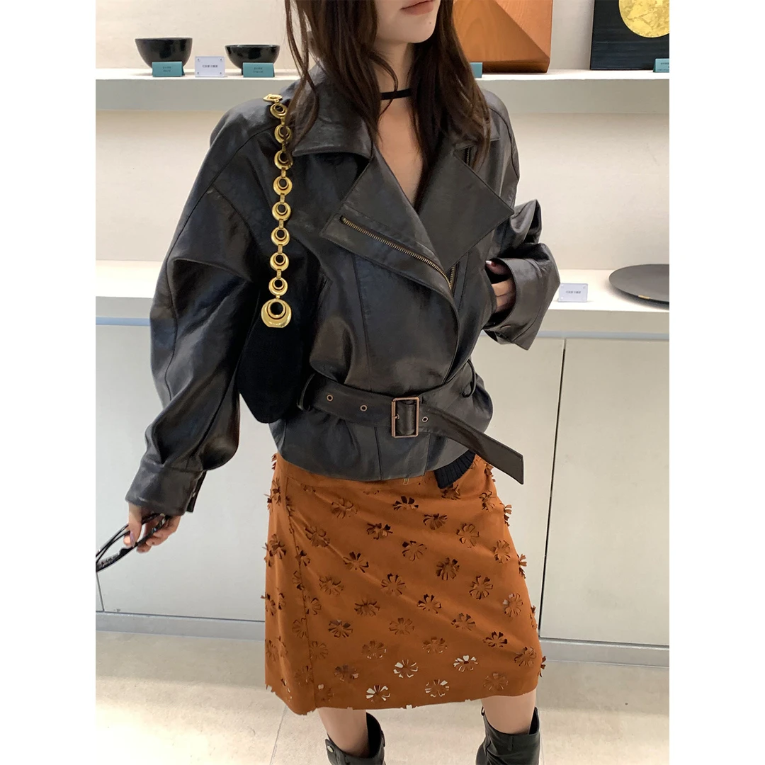 MAR 重工立体花型镂空烧花半身裙女低腰A字裙复古棕色裙子606415