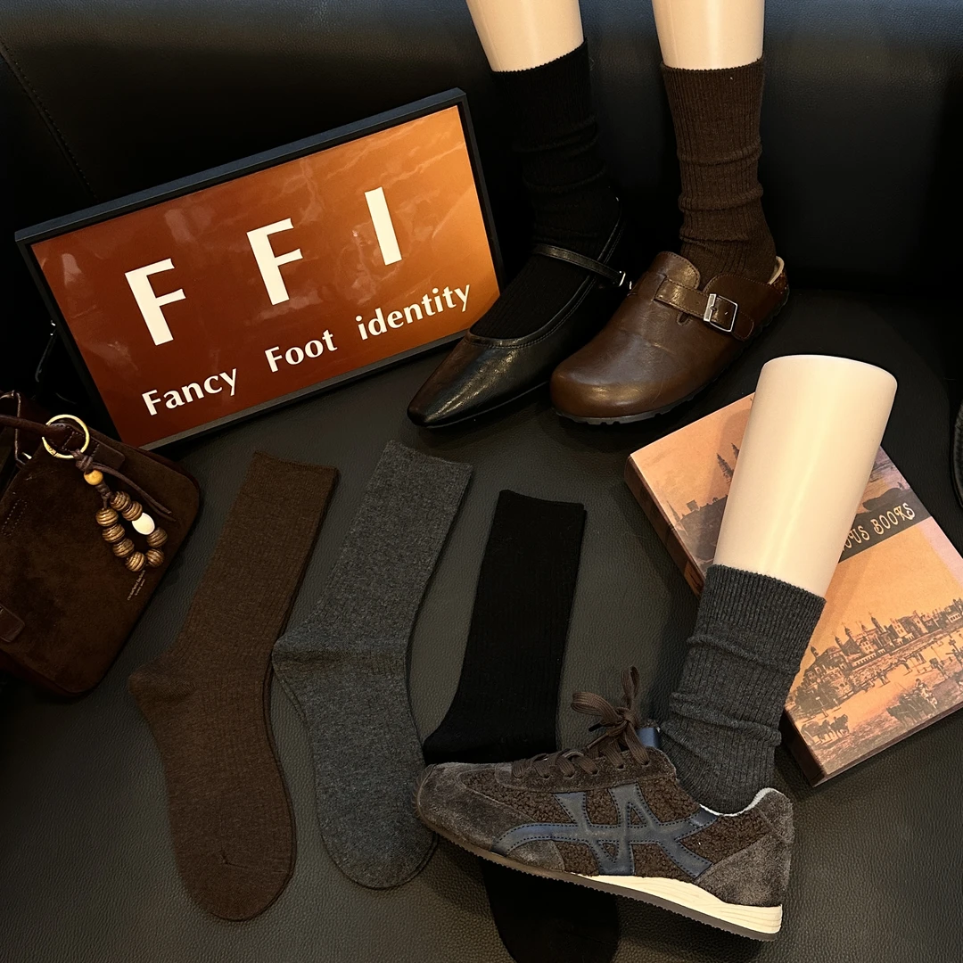 FFI冬季双针羊毛保暖纯色竖纹显瘦百搭德训鞋乐福鞋中筒袜