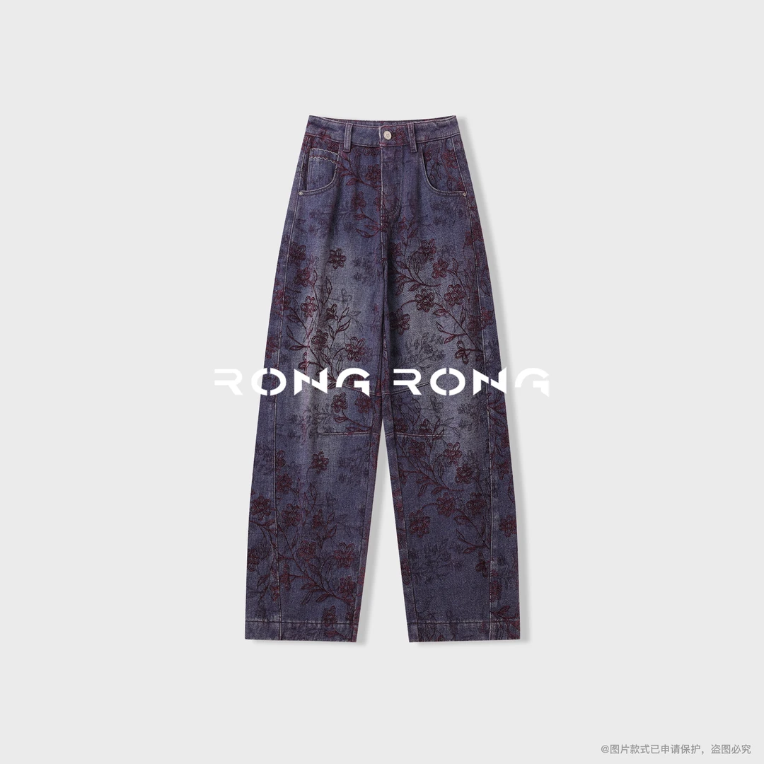 溶溶【文艺派对】RONGRONG 棉复古做旧艺术花卉刺绣弯刀牛仔裤W0324