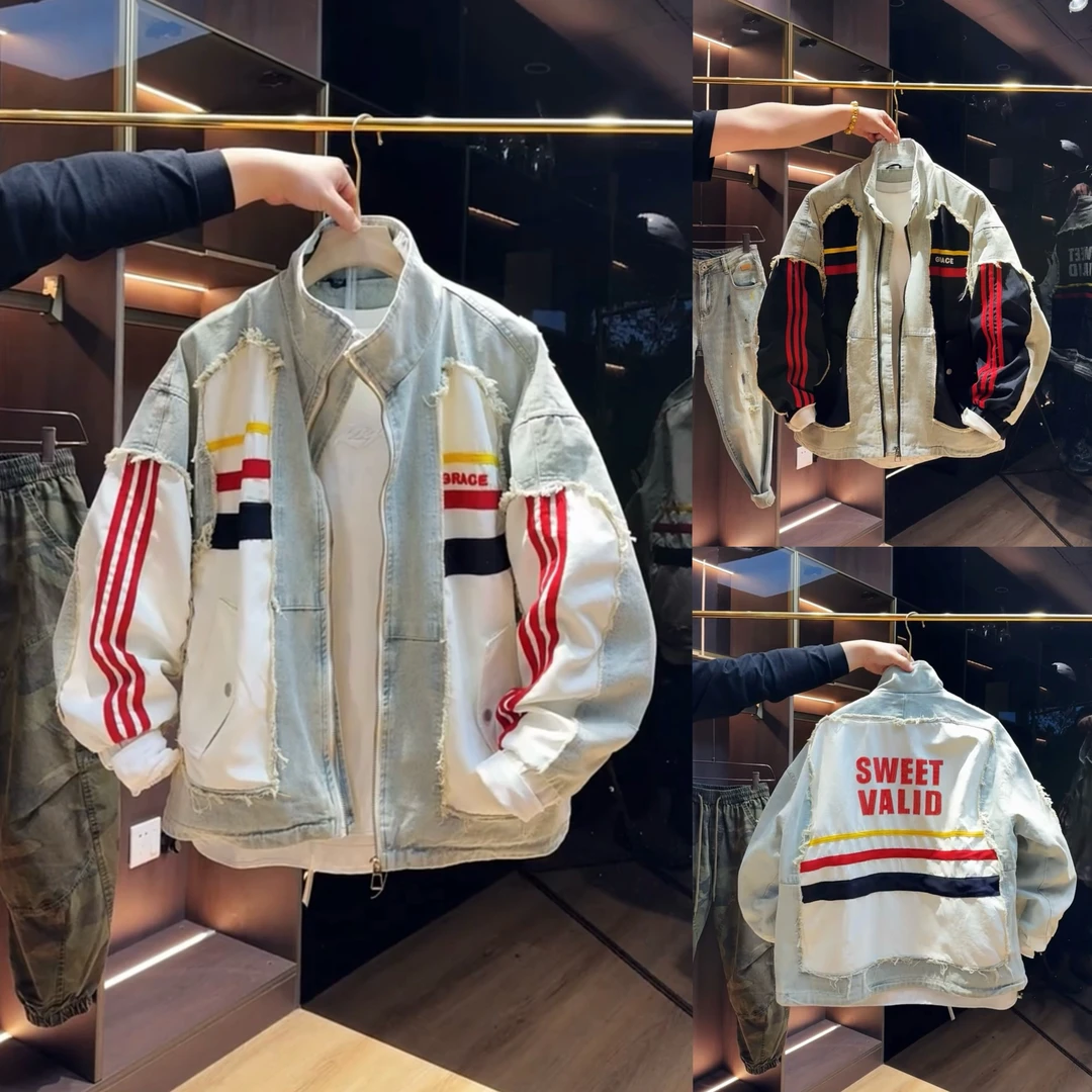 迪诺库克斯拼接立领牛仔外套男士潮牌时尚痞帅休闲夹克情侣上衣