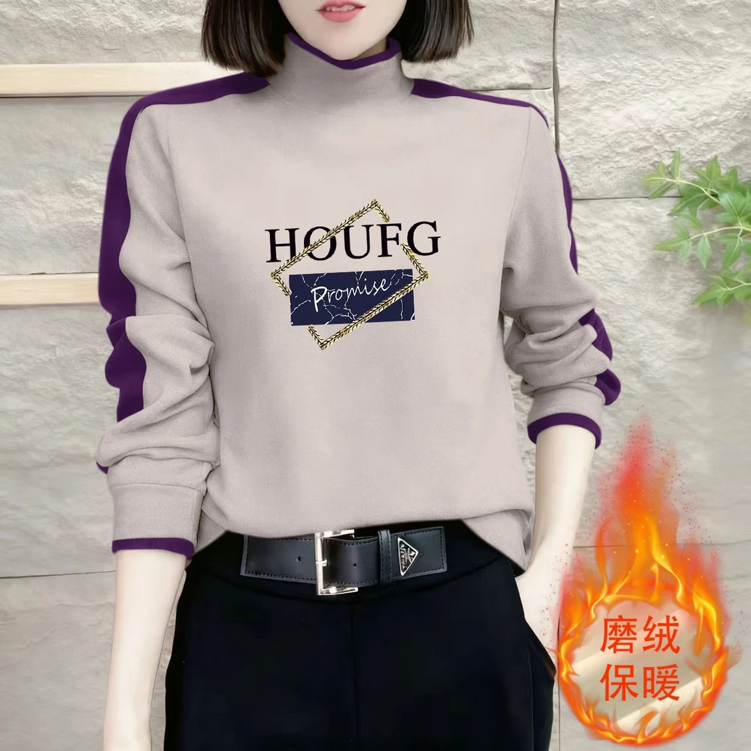 双面德绒长袖印花T恤女打底衫半高领内搭时尚保暖长袖上衣女秋冬