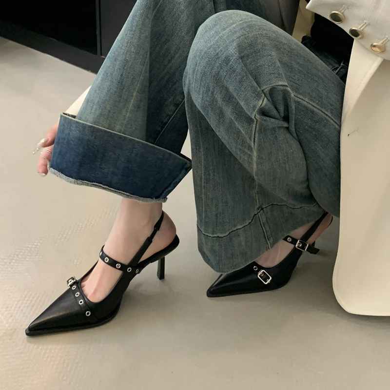 性感黑色尖头铆钉高跟鞋女神配裙子宴会单鞋2025春夏新款细跟凉鞋