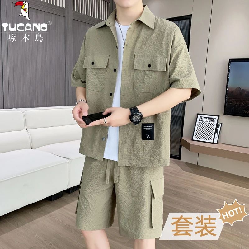 TUCANO/啄木鳥夏季泡泡纱工装翻领短袖衬衫五分短裤套装男帅宽松
