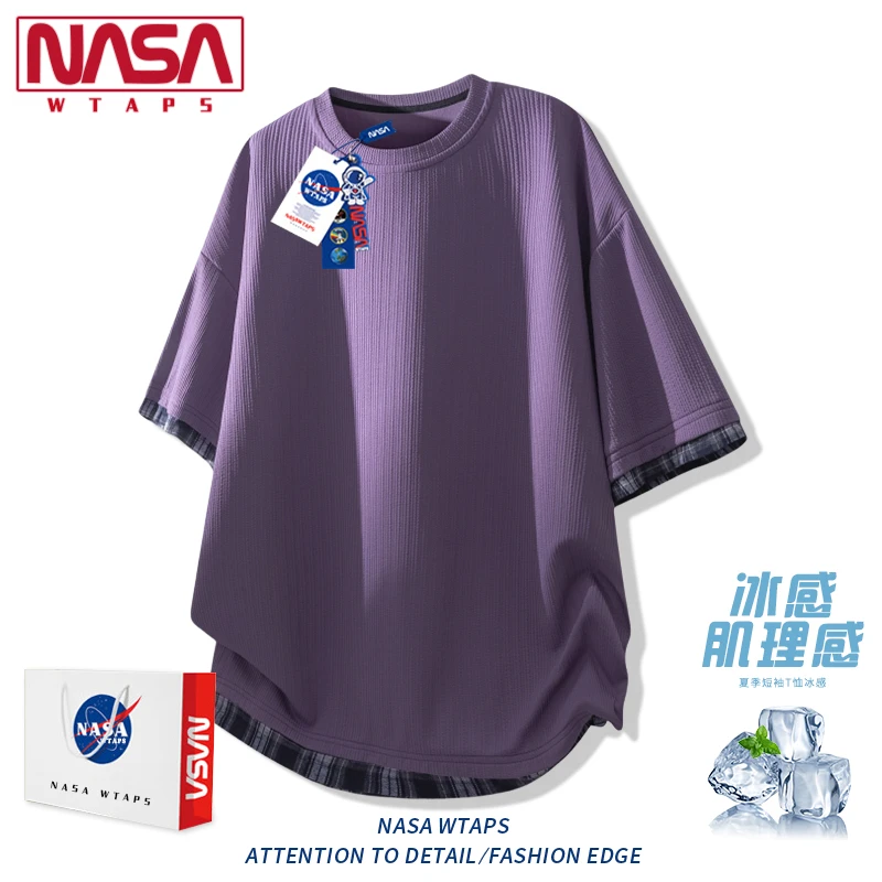 NASA WTAPS冰丝薄款短袖男t恤潮牌设计感竖条纹上衣夏季假两件T恤