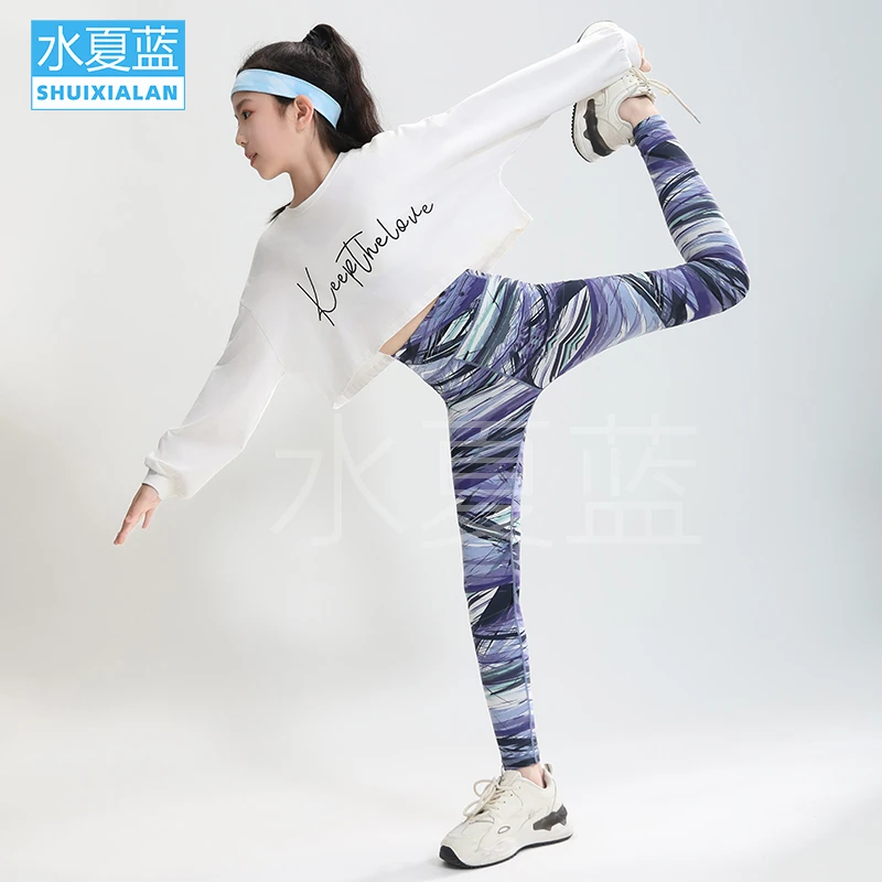 女童鲨鱼裤骑行透气女紧身裤跑步印花运动儿童长裤春秋瑜伽芭比裤