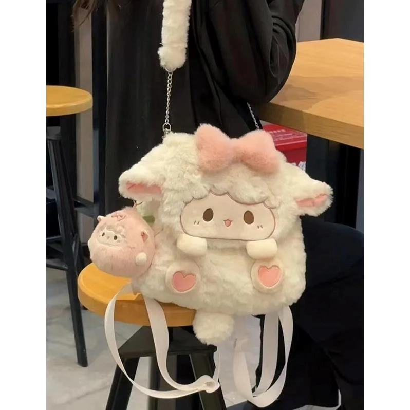范哲萨卡通小羊桃双肩包女秋冬新款可爱毛绒背包玩偶毛茸茸学生小
