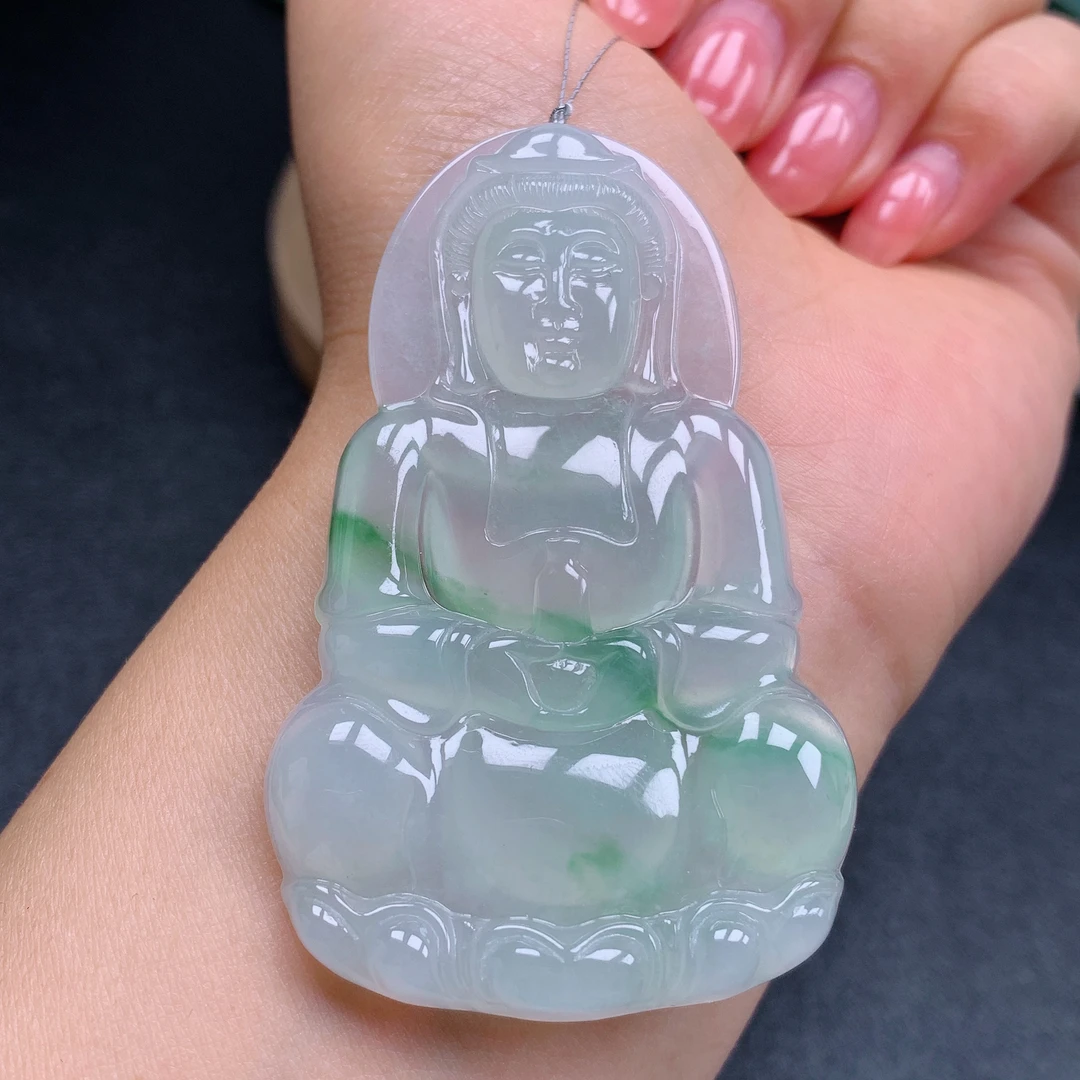 天然缅甸翡翠冰种飘花正装观音老坑种水挂件吊坠尺寸64.2+40.5+6