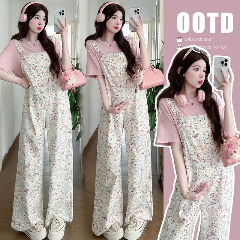 实拍现货2025夏季新品图鸦绘画孕妇时尚背带裤+纯棉短袖两件套装