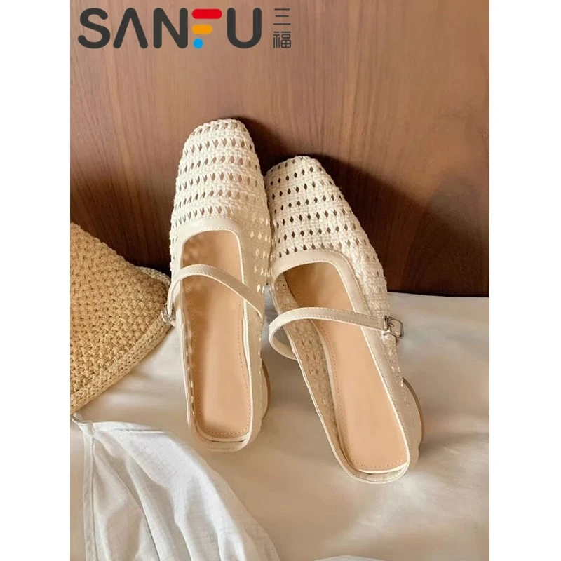 三福内增高镂空包头半拖鞋女2025夏季外穿休闲编织凉拖鞋沙滩凉鞋