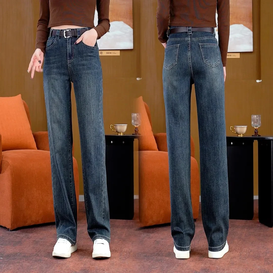 夏季窄版宽松软牛仔裤女中高腰女士大码女显瘦直筒休闲百搭时尚款