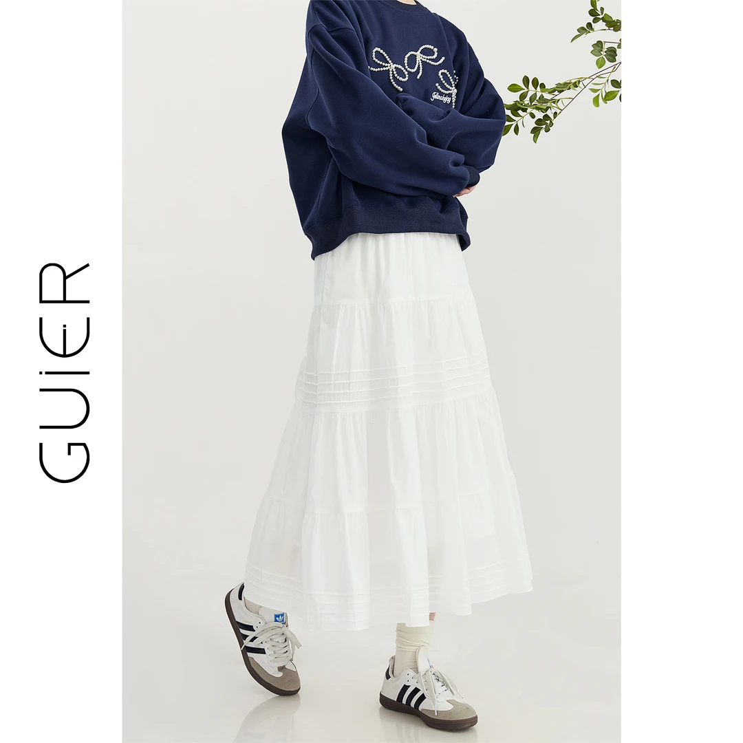 「GUIER」白色半身裙夏季2025新款法式气质拼接高腰a字裙XH5362