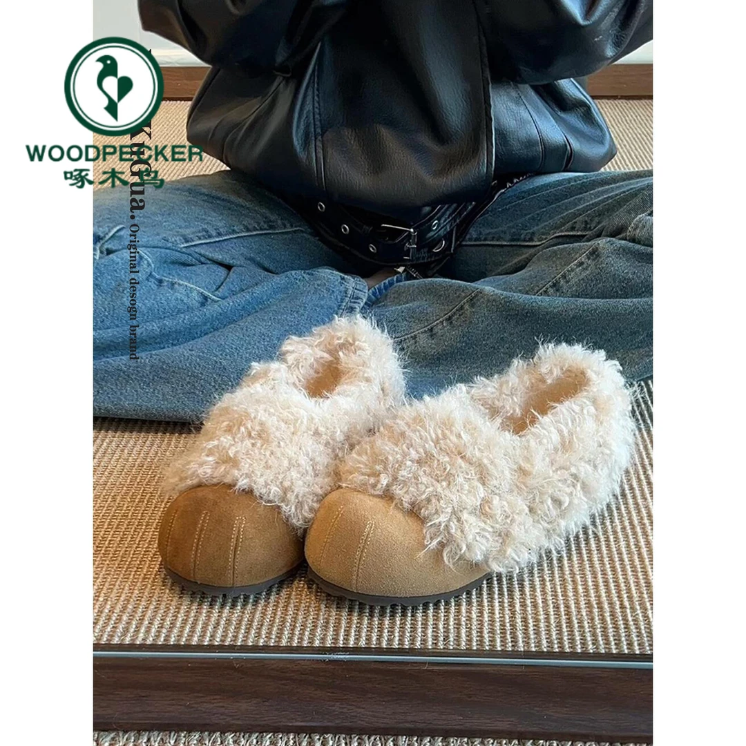 啄木鸟内增高勃肯鞋女2026春季新款加绒保暖雪地棉鞋一脚蹬毛毛鞋