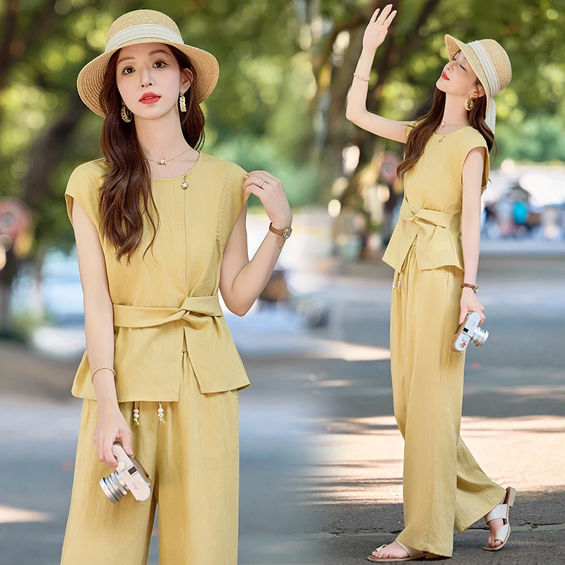 韩系无袖绑带套装女2025夏季新款女神范休闲收腰气质阔腿裤两件套